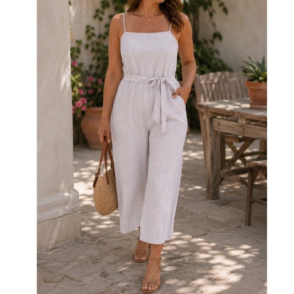 Banana Republic Pants - Banana Republic Cotton/Linen Wide Leg Cropped Jumpsuit White Navy Stripe Size 10
